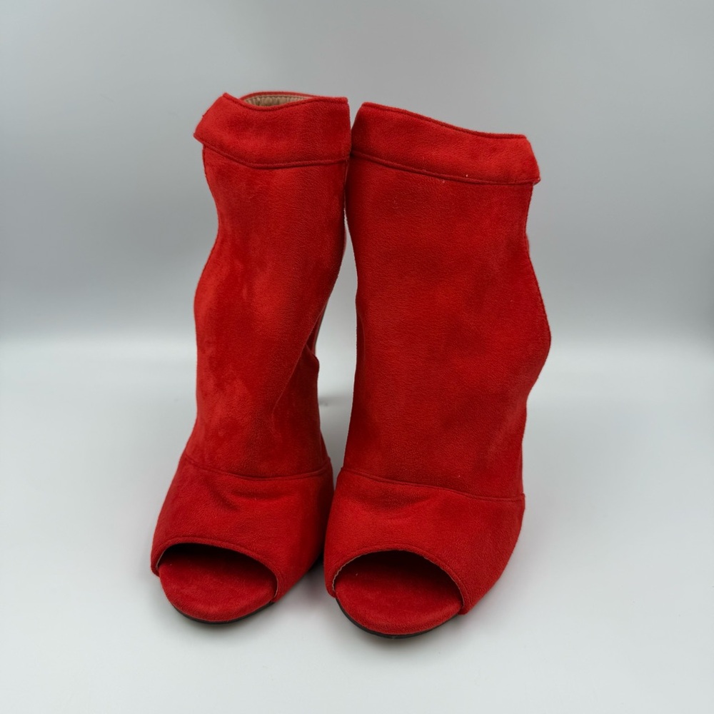 Meiliani Red Faux Suede Peep Toe Stiletto Booties Women’s Size 8 - Picture 4 of 15
